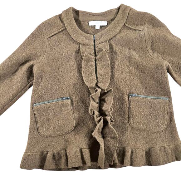 LOFT 100% Merino Wool Olive Ruffle Front Zip Jacket Cardigan Medium - Picture 7 of 9